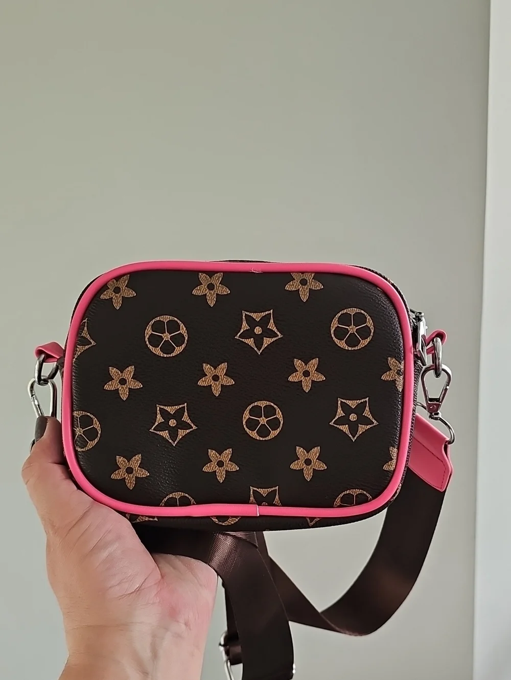 Brown Star And Geometric Print Mini Crossbody Bag with Hot Pink Trim